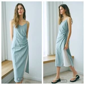 NWT Korean Brand Etmon Slip Unbalance Pintuck Dress in Mint Blue Sz S